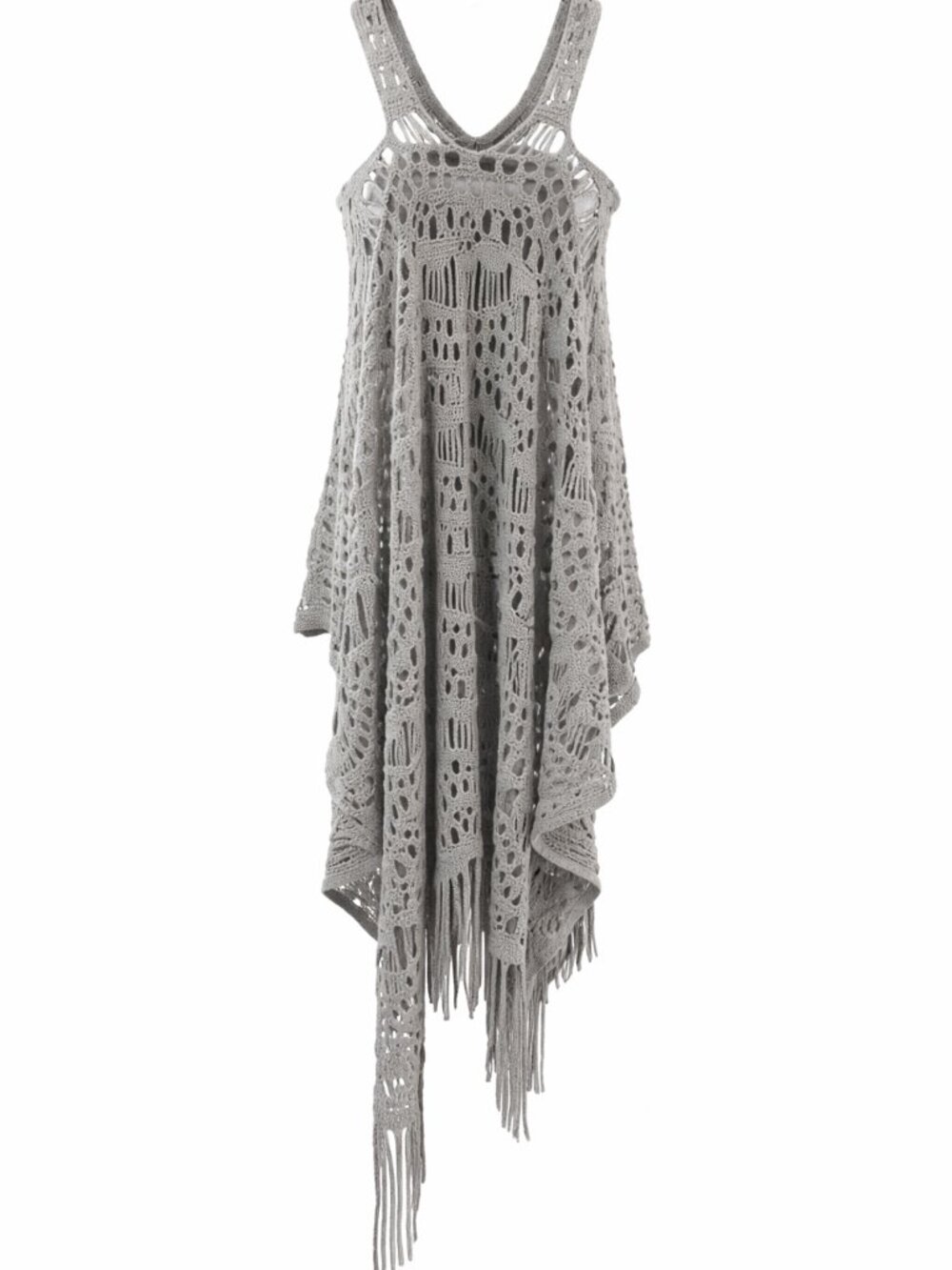 Boho Crochet Fringe Poncho Style Cover Up Grey M Festival